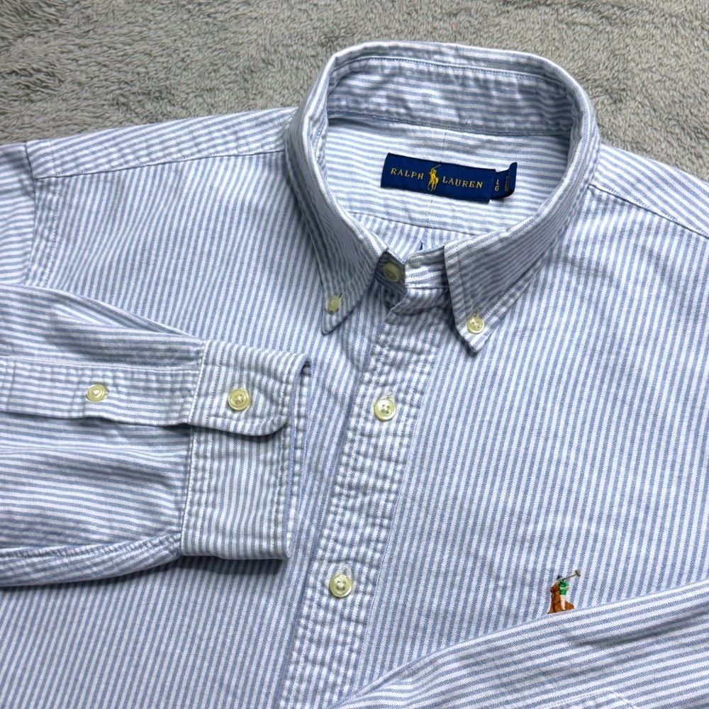 Ralph Lauren Mens Large Blue White Striped Oxford Button Down Shirt Long Sleeve